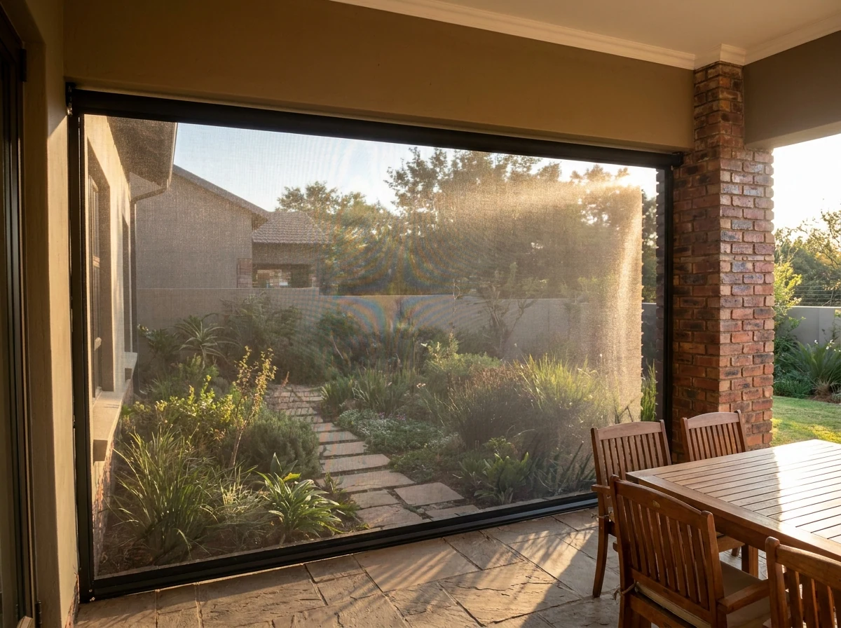 Zip screen lowered across a patio opening beside a brick pillar, garden visible through the mesh