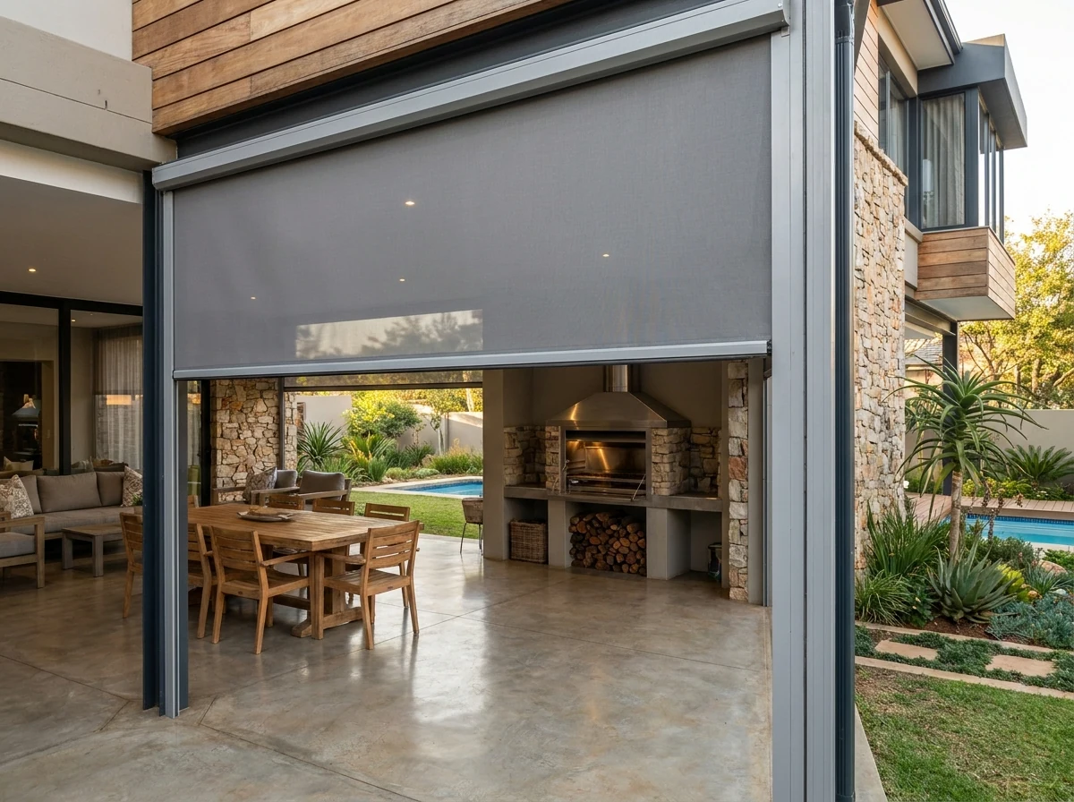 Zip screen partly lowered across an entertainment area, a built-in braai visible through the mesh