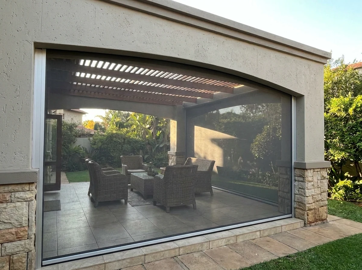 Zip screen enclosing a screened outdoor room, wicker furniture visible through the mesh